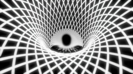 Monochrome glossy ball rolling inside rhombus tunnel. Design. Narrow lines forming rhombus pattern.