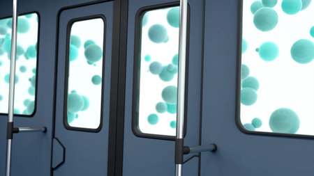 Bunch of colorful balloons rising up on white background behind the windows of a bus or tram....
