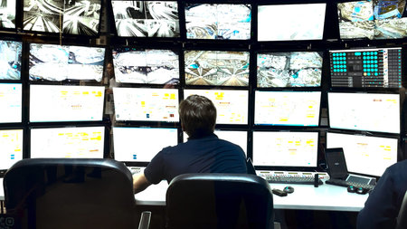 Traffic Office with monitors. Media. Traffic data on monitors in city planning office. Employee...
