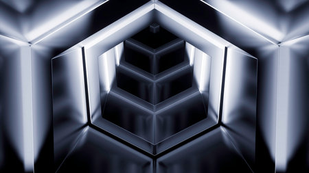 Abstract monochrome hexagon shapes creating effect of a tunnel. Design. Flying through neon frames.の写真素材