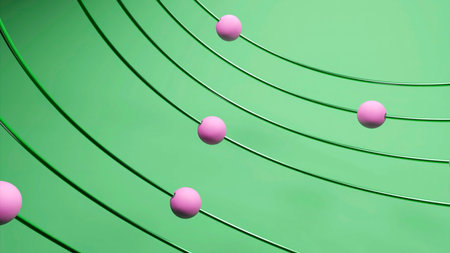 Colored balls move along lines. Design. Colored balls roll along metal brackets of the lines. Cartoon animation of rolling balls along linesの写真素材