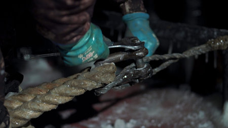 Close up of worker fastening rope with metal tool. Clip. Using wrench for works at the construction...
