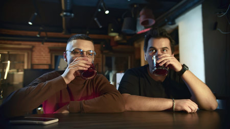 Young men are sitting at bar chatting and drinking cocktails. Media. Friends are sitting in cocktail bar and talking. Men relax at bar with cocktailsの写真素材