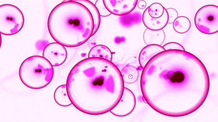 Bubbles with nucleus in molecular stream. Design. Molecular cells with embryos move in stream....