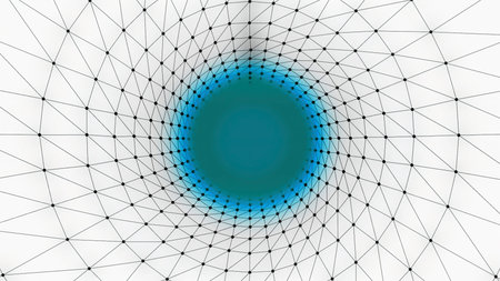 Moving tunnel with grid and colored cloud. Design. 3D tunnel with grid and dots on white background...