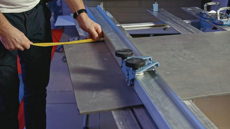 Close-up of man cutting tile products on machine. Creative. Machine with fastening for cutting...