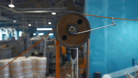 Industrial machine with rotating coils and wire. Creative. System with coils of tensioning wires on...