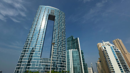 Low-angle view of the Address Beach Resort, Dubai, United Arab Emirates. Action. Beautiful...