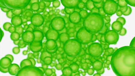 Abstract falling balls with rough surface in green color. Design. Endless flow of green round...