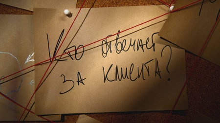 Office notes in night room. Stock footage. Notes with ideas and words on board with strings in night...