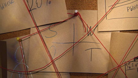 Notes with red thread. Stock footage. Close-up of mysterious notes connected by red thread. Symbols and puzzles on mysterious board with threadsの写真素材