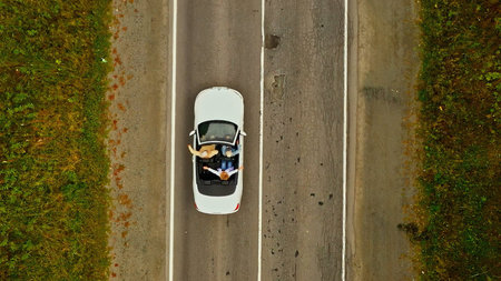 Aerial view of convertible car driving along country road in forest of Georgia in summer on sunny...