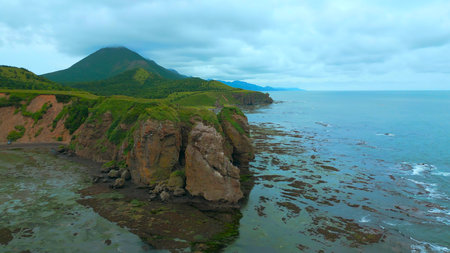 Rocky coast with algae after storm. Clip. Top view of algae on shore of rocky coast in cloudy weather. Seaweed on coast after stormの写真素材