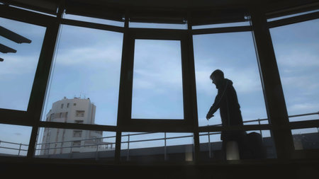 Man carries bag with money. Stock. Man enters terrace of high-rise building with bag. Man delivers bag to customer on terrace of building in summerの写真素材