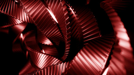 Bends of moving 3d metal spiral. Design. Hypnotic ribbon lines rotating on a black background.の写真素材