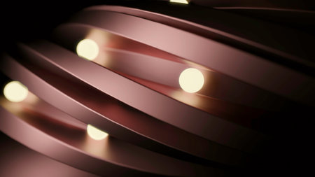 Glowing balls move in spiral. Design. Glowing balls are rolling in spiral. Glowing 3D balls move along lines of twisted spiralの写真素材