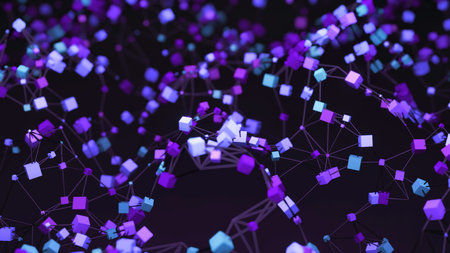 Colorful 3d cubes with network move in space. Design. Connecting chains with 3d cubes in space....