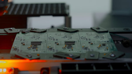 Close up of industrial background with printed circuit board being assembled with automated robotic...