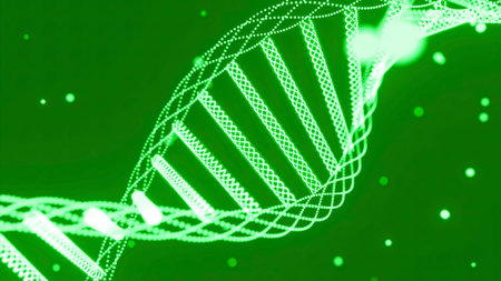 Animation of rotating DNA strands. Design. Green spinning abstract dna spiral rotating on a black...