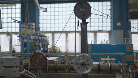 Industrial machine with rotating coils and wire. Creative. Industrial winding of wires and cables on...