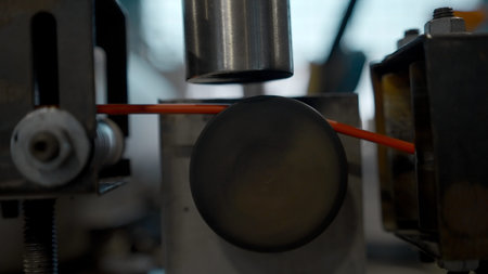 Rotating reels with copper wires on them. Creative. Metal wire spool spinning on the machine.
