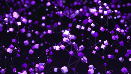 Abstract animation of waves made of cubes and grid. Design. Colored cubes moving in waves in common...