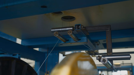 Rotating coils with wires at factory. Creative. Distribution and winding of wires on coils at...
