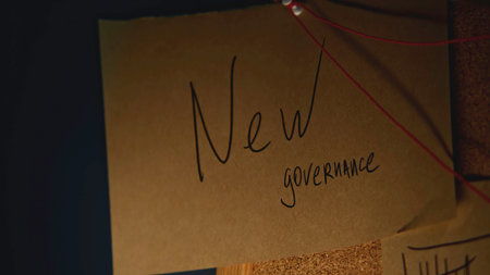 Office notes in night room. Stock footage. Notes with ideas and words on board with strings in night office. Creative board with ideas in night officeの写真素材