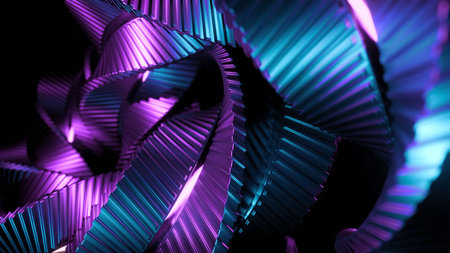 Animation of moving metal lines in twisted spiral. Design. 3D spiral randomly twisting from metal...