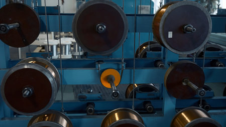 Furniture cable manufacturing equipmet workshop. Creative. Industrial metal plant with spinning...