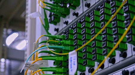 Close up of optical fiber switchboard hub in a server room. Stock footage. Concept of AI, internet,...