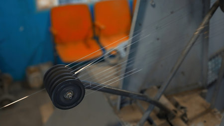 Metal threads rotate on industrial machine. Creative. Rotating shafts with metal thread at...