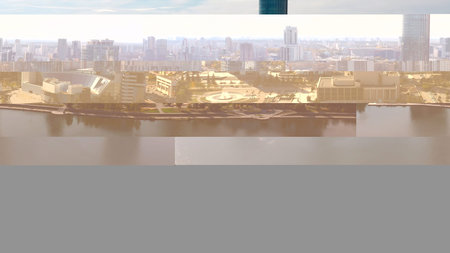 Top view of beautiful city with river. Stock footage. Beautiful urban landscape with skyscrapers and...