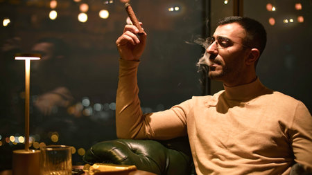 Businessman smokes cigar in restaurant. Media. Man smokes cigar in luxury restaurant at night. Elegant man smokes cigar in evening restaurantの写真素材