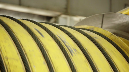 Coiled Industrial Yellow Rubber Hose Stored in a Warehouse Environment for Easy Access and Use. Stock Clipの写真素材