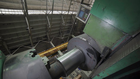 Industrial Machinery Operating in a Modern Manufacturing Facility with Advanced Technologies. Stock...