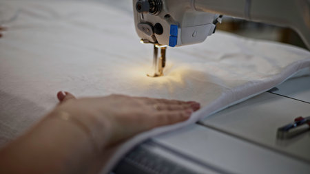 Fast movement of the sewing machine needle on the white fabric. Media. The needle of the sewing machine stitches the fabric.の写真素材