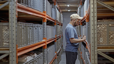 Man worker putting plastic box on the shelf at the factory warehouse. Media. Industrial background...
