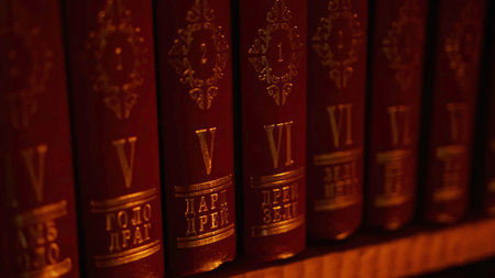 Close up of the books on the shelves of the library. Stock footage. Dark light in a room with books.の写真素材