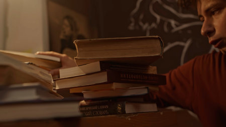 Tired sleepy man student falls asleep at a desk desk with stack of books. Stock footage. Man is tired from studying for the exam, preparation concept.の写真素材