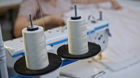 Close up of white sewing threads are unwound from spools on a sewing machine. Media. Production sewing in a textile factory.の写真素材