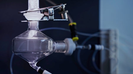 Medical development laboratory, biotechnology research in advanced pharma lab. Stock footage. Medicine mixture flowing inside transparent tubes.の写真素材