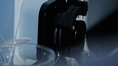 Medical science laboratory equipment. Stock footage. Transparent glass flasks and tubes on the table close up.の写真素材