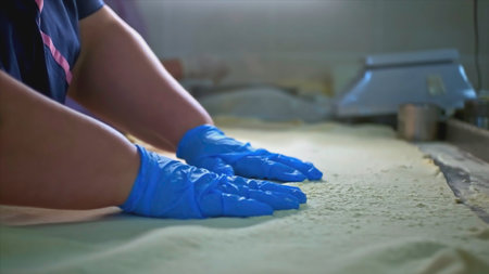 Cook works with dough in production. Clip. Cook with gloves rolls out dough in flour. Preparation of thin dough for baking at factoryの写真素材