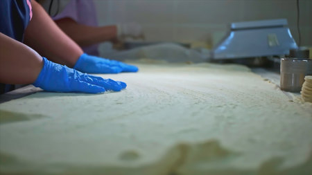 Cook works with dough in production. Clip. Cook with gloves rolls out dough in flour. Preparation of thin dough for baking at factoryの写真素材