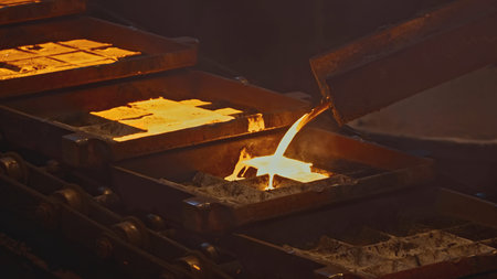 Close-up of molten metal filling molds. Stock footage. Liquid molten metal is poured into molds....