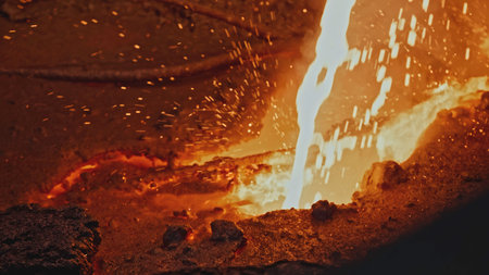 Moving stream of molten metal. Stock footage. Molten metal or lava is moving in riverbed. Stream of red-hot liquid with splashesの写真素材