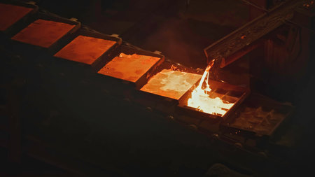 Close-up of molten metal filling molds. Stock footage. Liquid molten metal is poured into molds. Metallurgical plant with molten metal streamsの写真素材