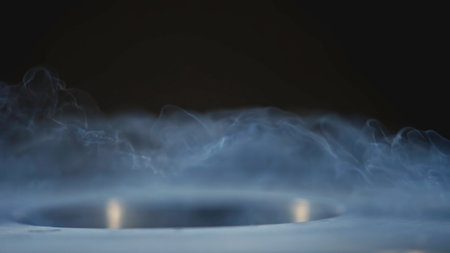 Beautiful steam moving out of container. Stock footage. Metal container with steam escaping from hot water. Hot steam moves in beautiful stream from panの写真素材