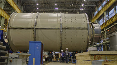 Workers at factory with tanks. Stock clip. Workers in hard hats with huge tanks at factory. Workers...